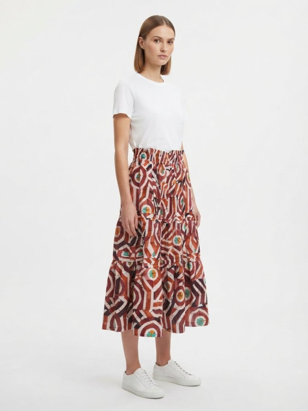 Anthropologie Tiered Brown Motif Midi Skirt Size XL New With Tags
